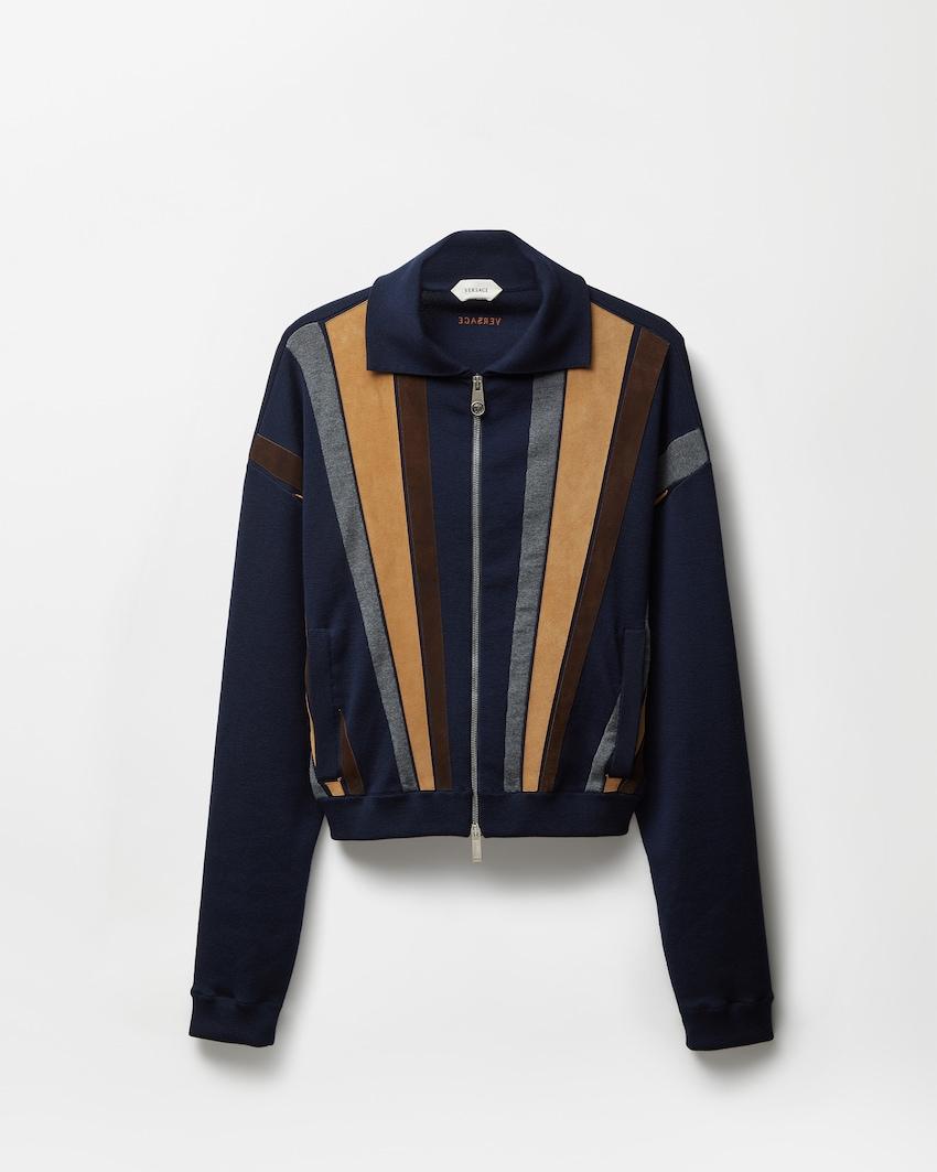 intarsia-wool and leather patchwork zip sweater by VERSACE