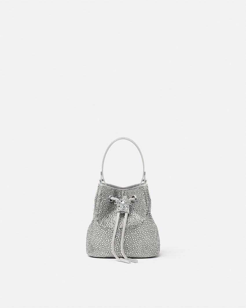 la medusa embellished satin mini bucket bag by VERSACE