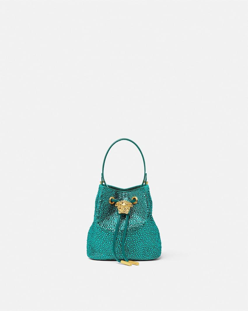 la medusa embellished satin mini bucket bag by VERSACE