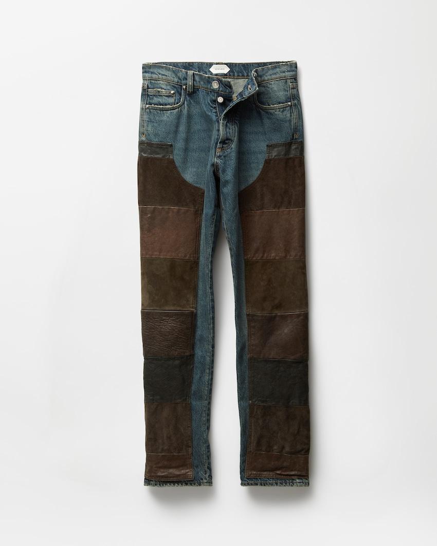leather patchwork straight jeans by VERSACE