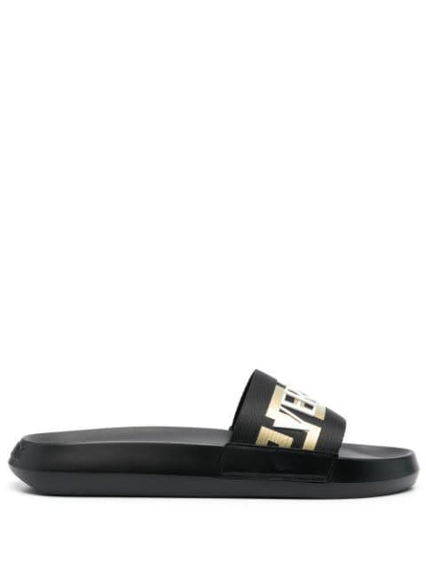 logo-appliqué open toe slides by VERSACE