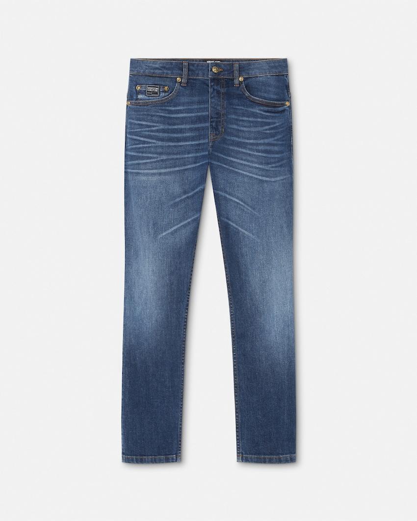 piece number slim-fit jeans by VERSACE