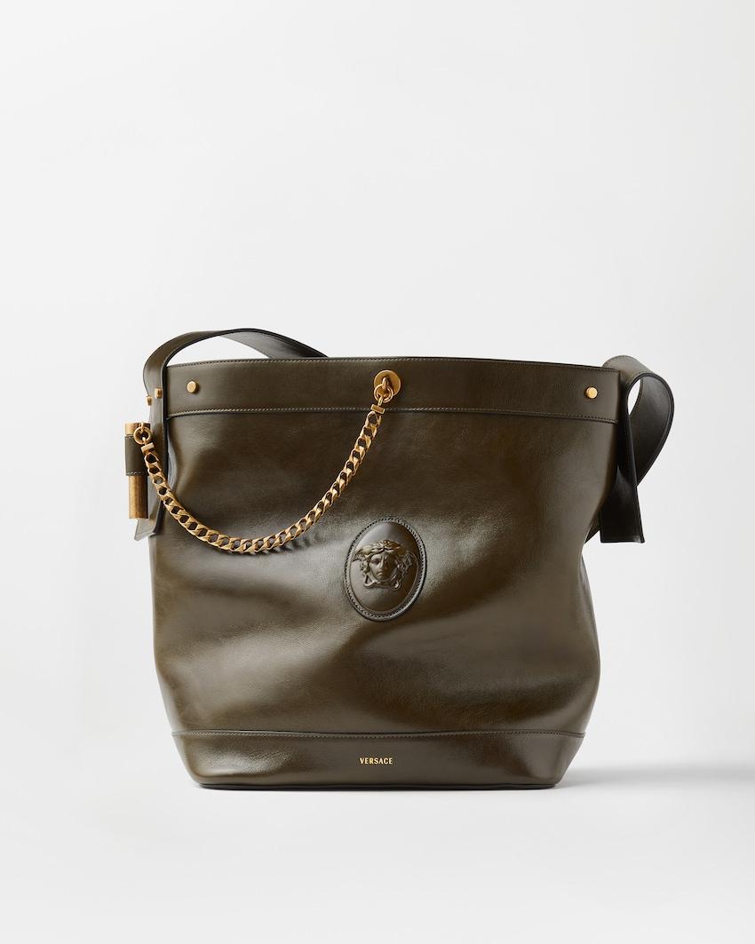 pivot large leather bucket bag by VERSACE