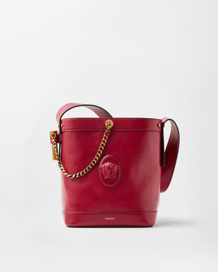 pivot small leather bucket bag by VERSACE