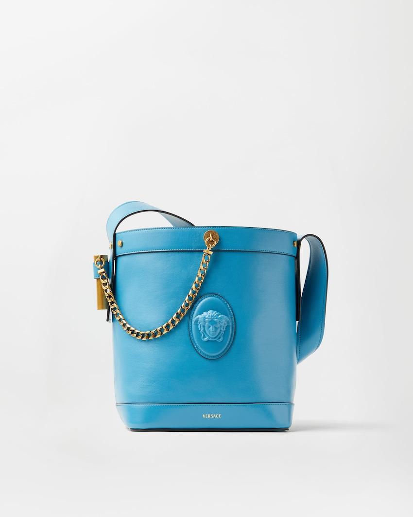 pivot small leather bucket bag by VERSACE