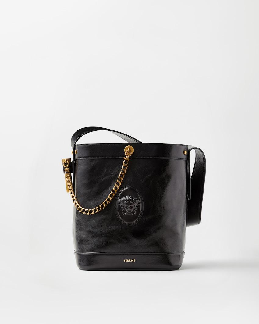 pivot small leather bucket bag by VERSACE