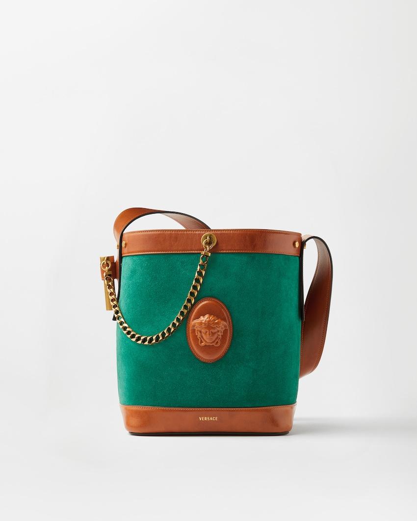 pivot small suede bucket bag by VERSACE