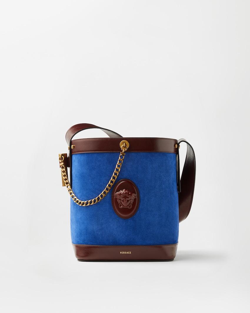 pivot small suede bucket bag by VERSACE