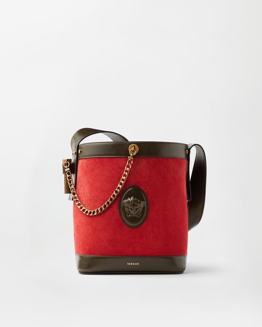 pivot small suede bucket bag by VERSACE