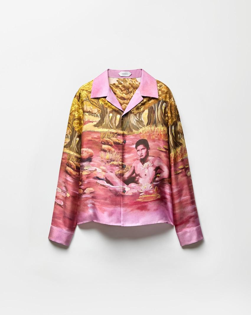 printed silk twill slim shirt by VERSACE