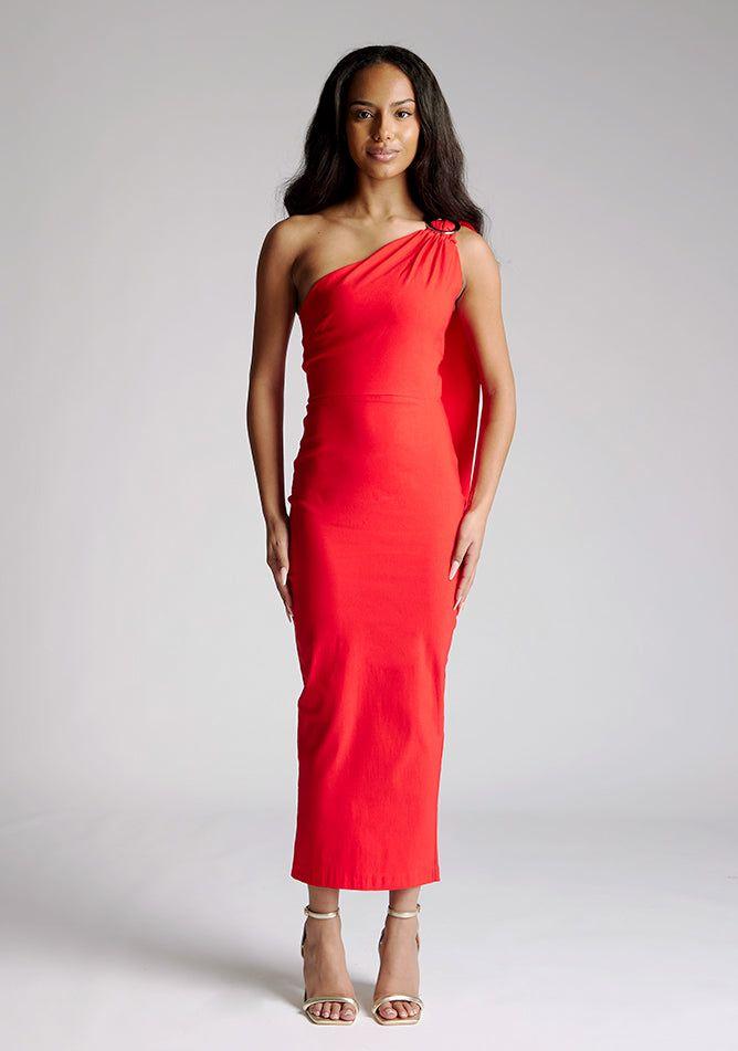 One Shoulder Bodycon Red Midaxi Dress by VESPER One Shoulder Bodycon Red Midaxi Dress by VESPER