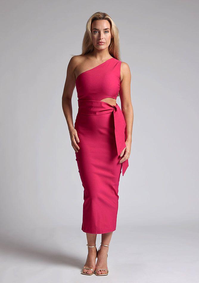 One Shoulder Midaxi Dress with Belt in Cerise by VESPER One Shoulder Midaxi Dress with Belt in Cerise by VESPER