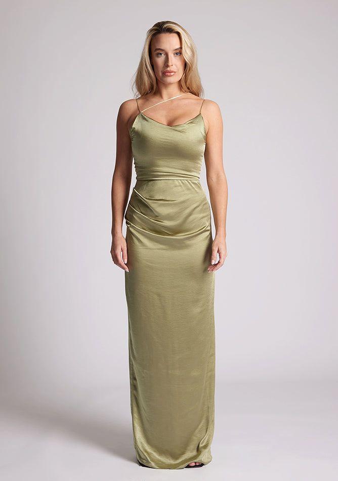 Satin Strappy Maxi Dress With Split in Olive by VESPER Satin Strappy Maxi Dress With Split in Olive by VESPER