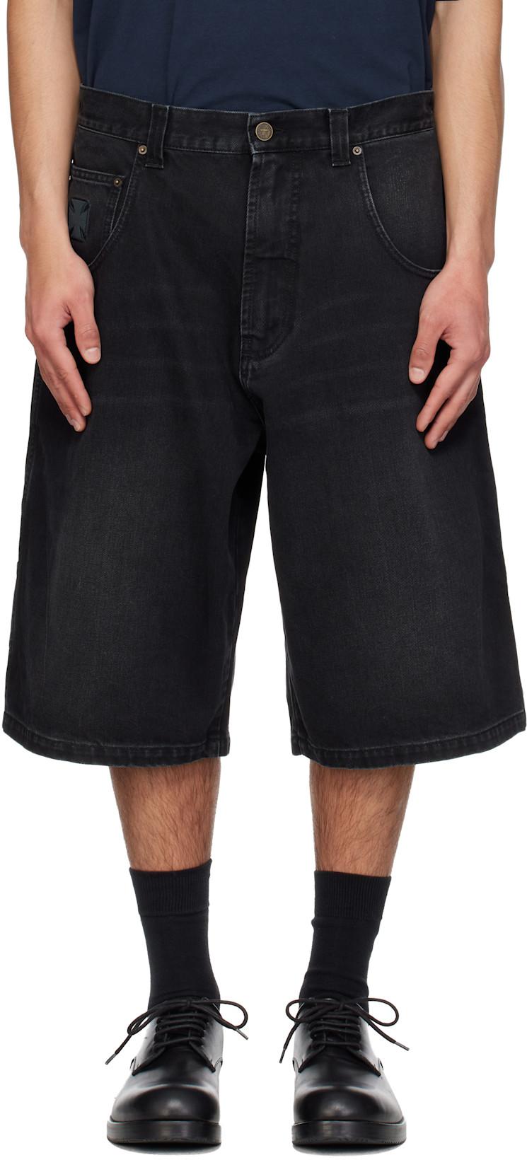 Black Appliqué Biker Cross Hip-Hop Denim Shorts by VETEMENTS