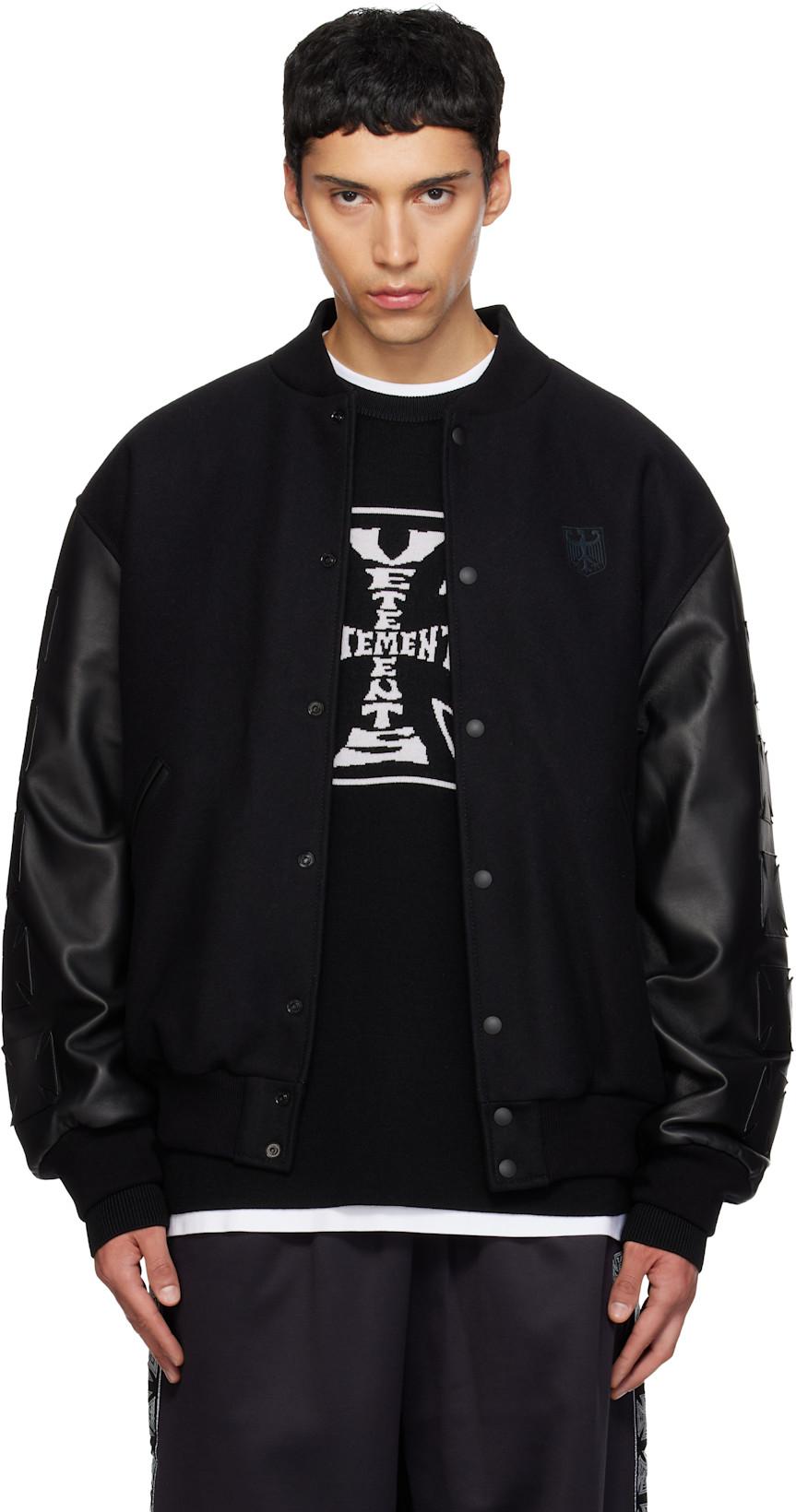 Black Biker Cross Embroidered Varsity Bomber Jacket by VETEMENTS