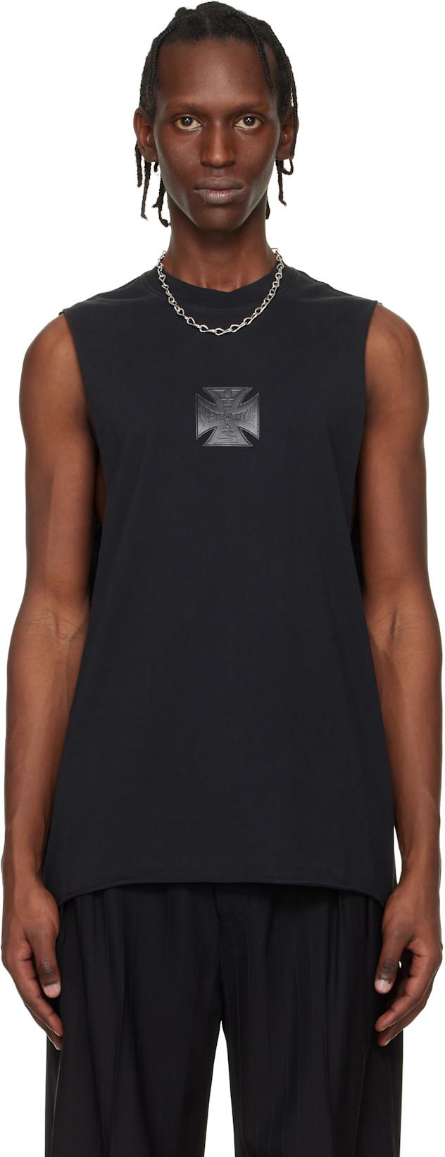 Black Biker Leather Cross Jersey Muscle Top by VETEMENTS