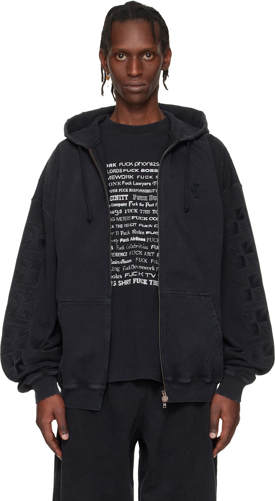 Black Embroidered Biker Cross Sleeves Zip-Up Hoodie by VETEMENTS