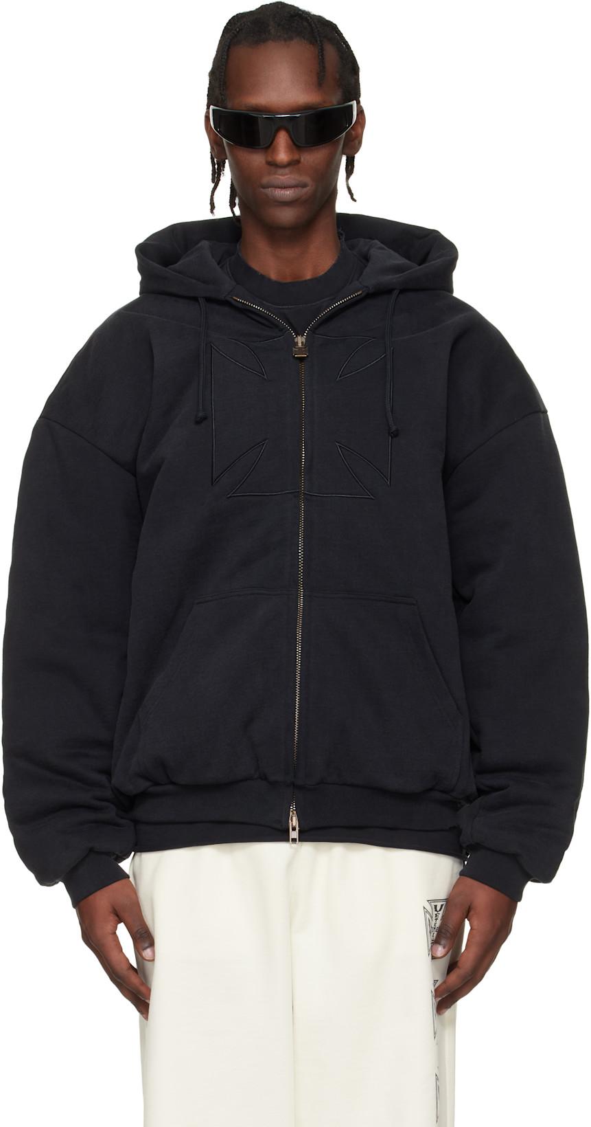 Black Embroidered Cross Padded Zip-Up Hoodie by VETEMENTS