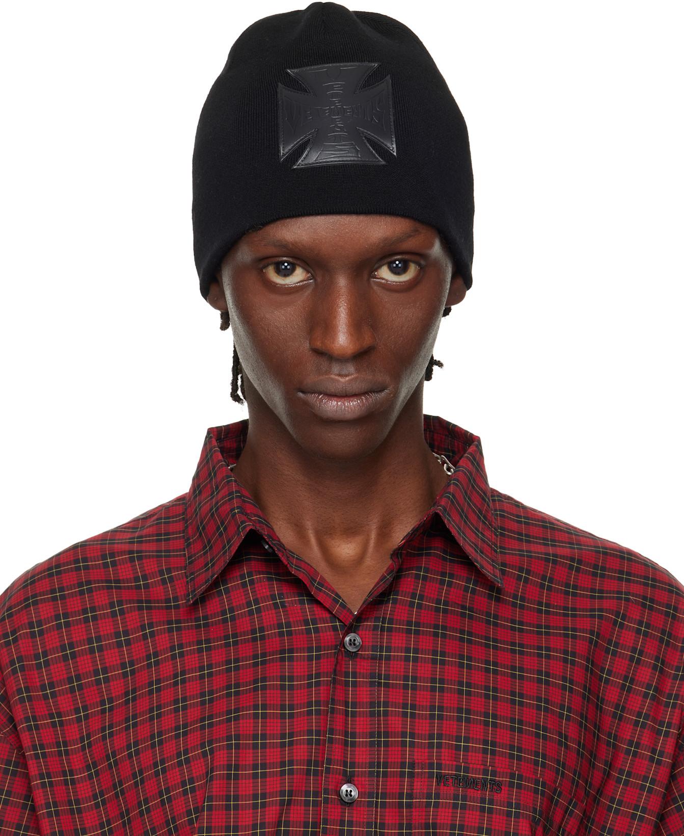 Black Leather Biker Cross Logo Beanie by VETEMENTS