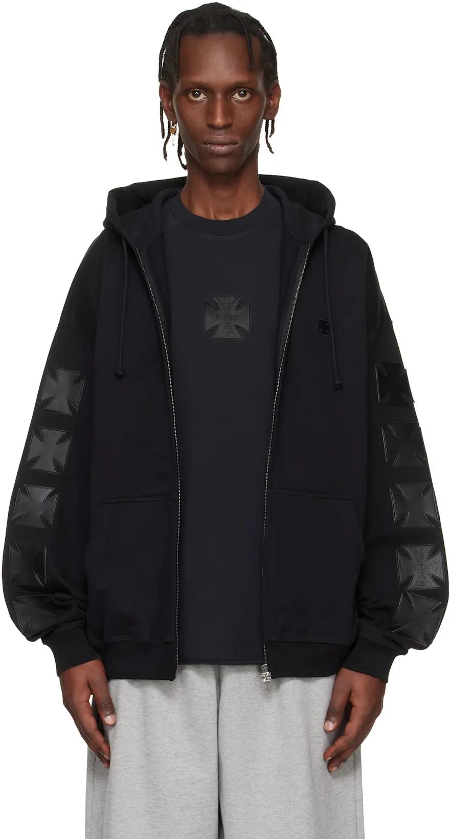 Black Leather Biker Cross Zip-Up Hoodie by VETEMENTS