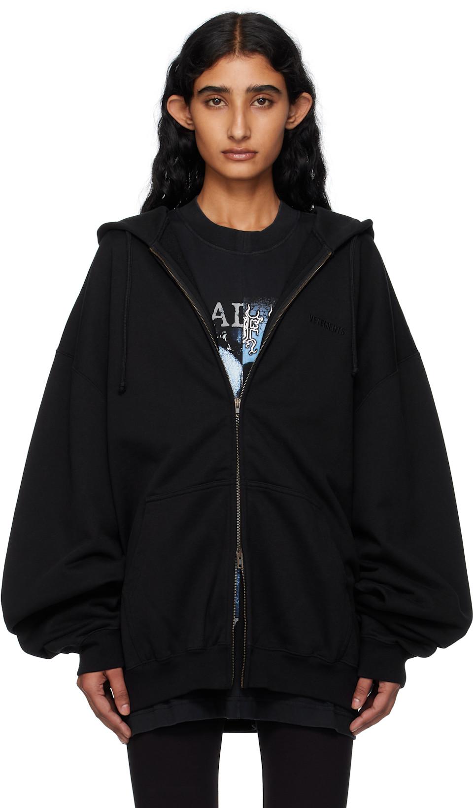 Black Logo Oversized Zip-Up Hoodie by VETEMENTS