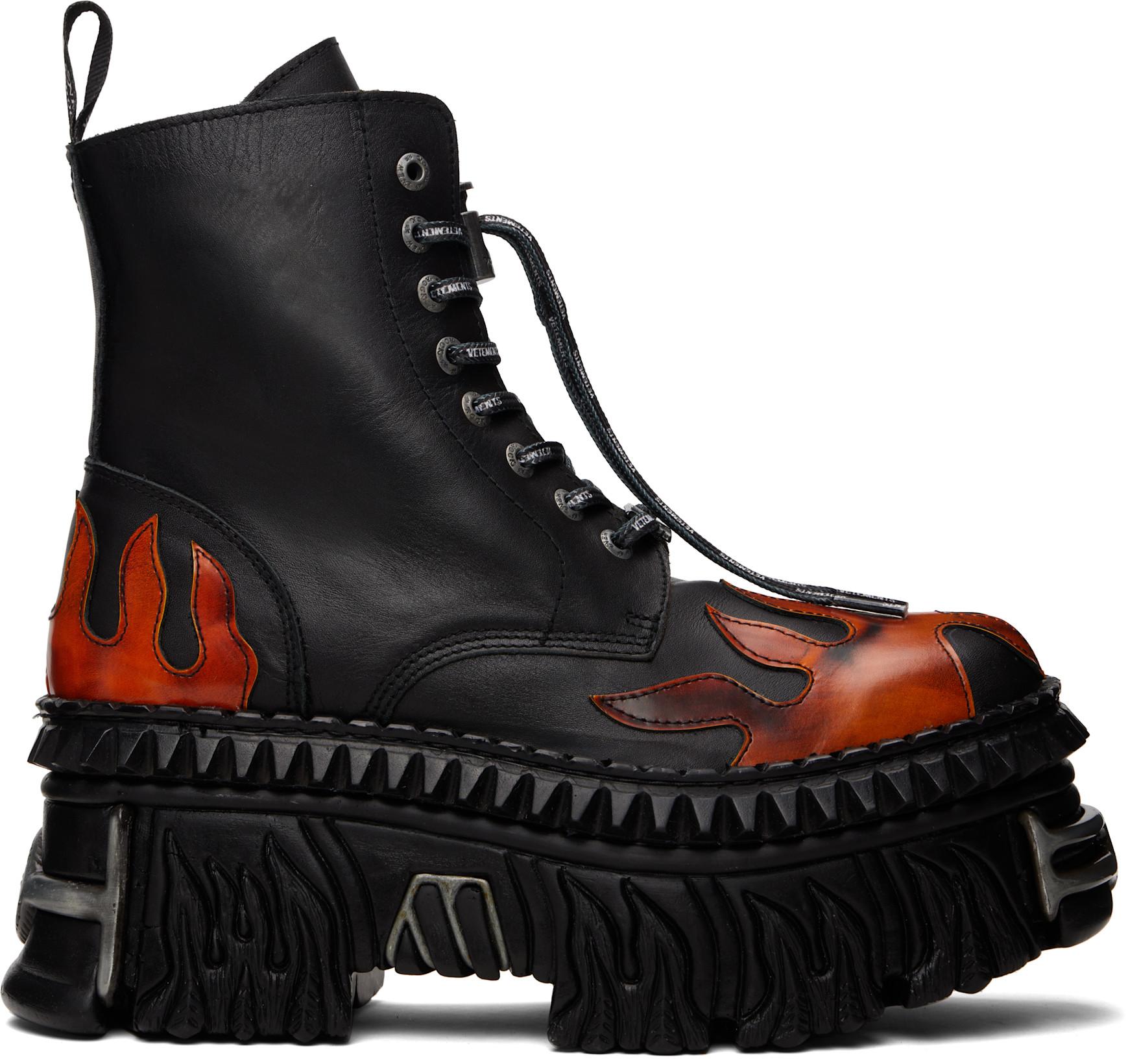 Black New Rock Edition Flame Combat Boots by VETEMENTS