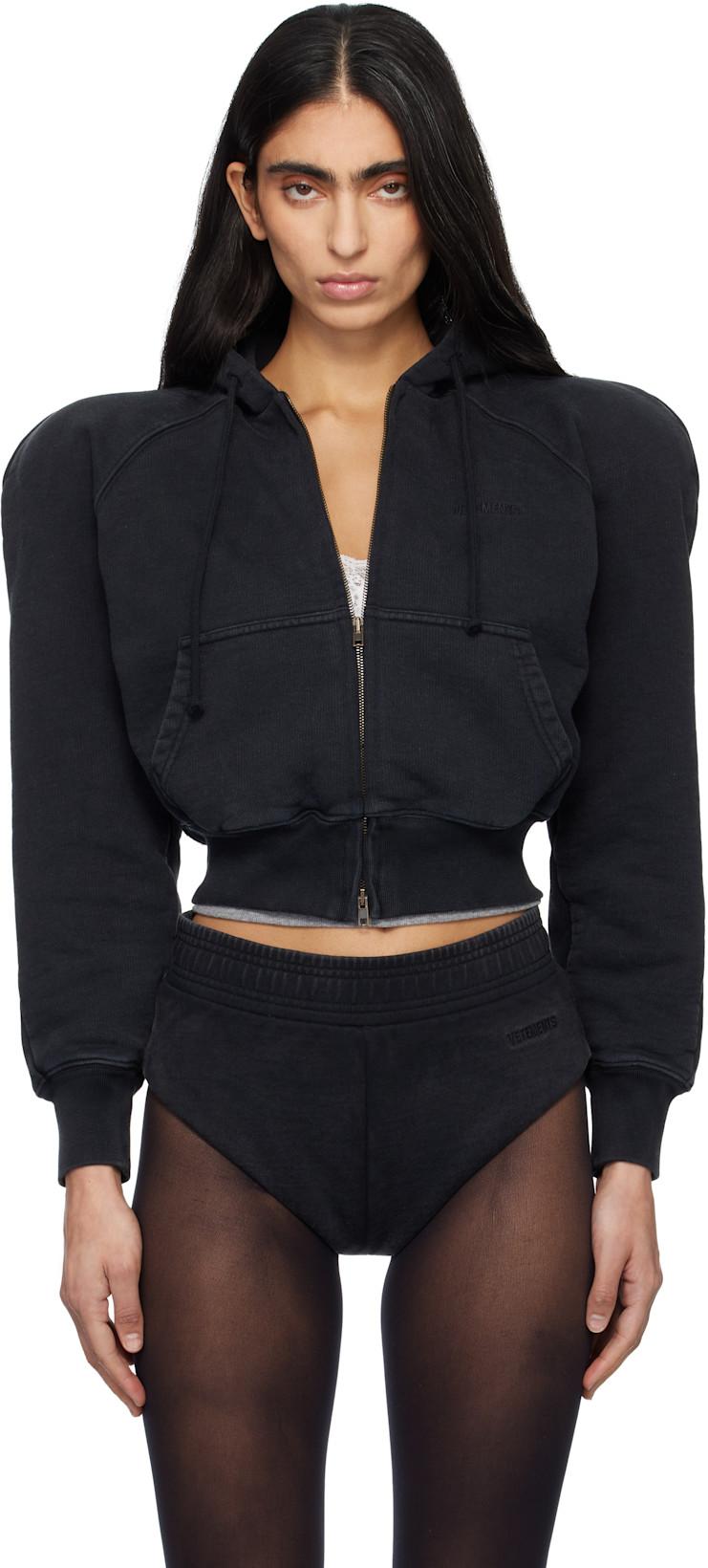 Black Round Shoulder Zip-Up Hoodie by VETEMENTS