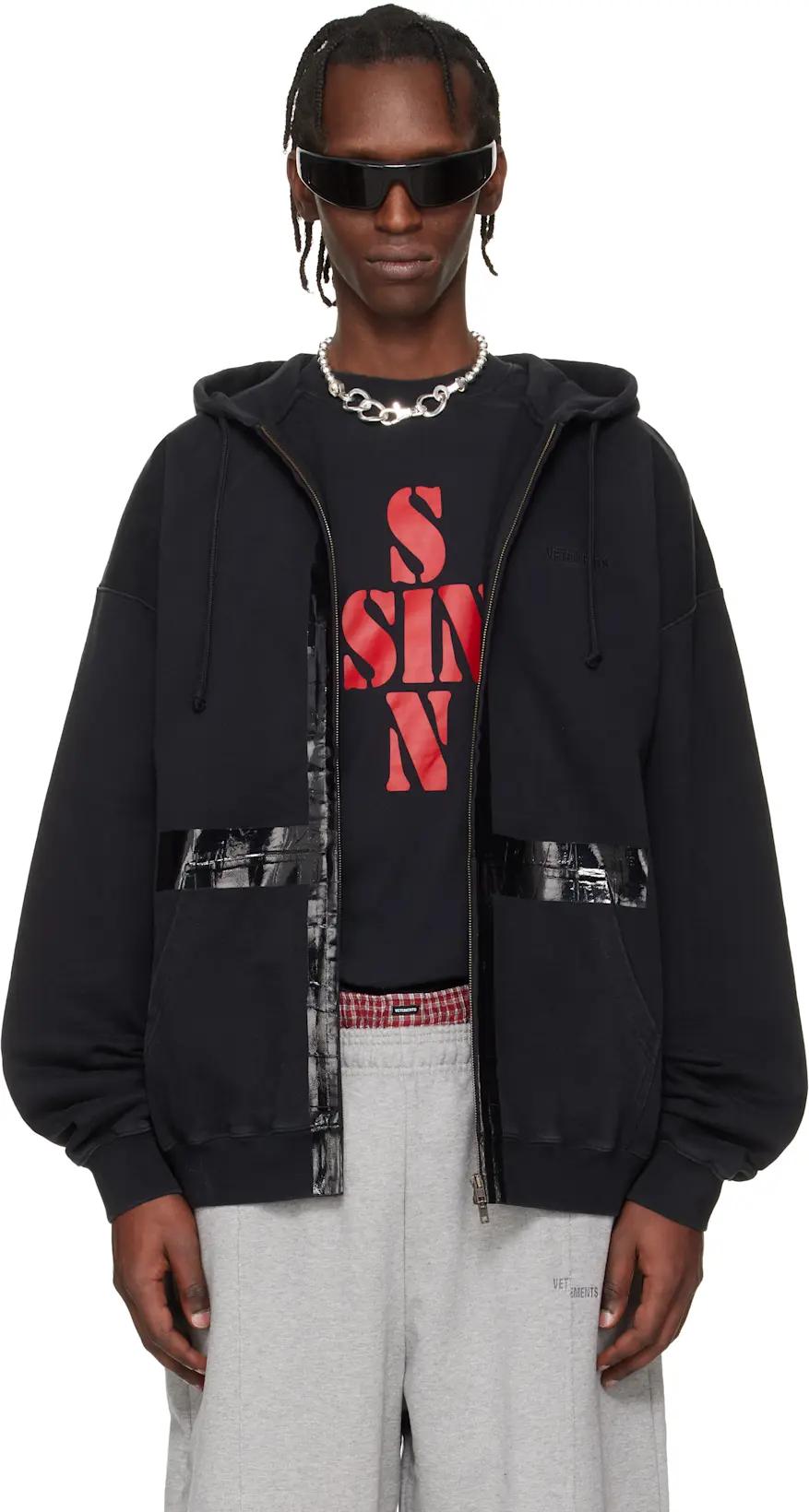 Black Taped Zip-Up Hoodie by VETEMENTS
