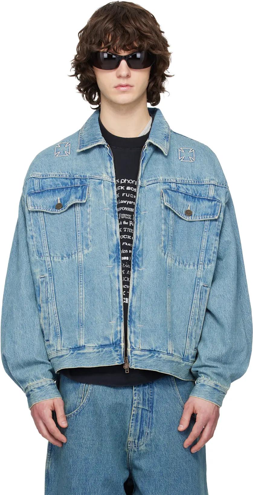 Blue Biker Crosses Denim Jacket by VETEMENTS