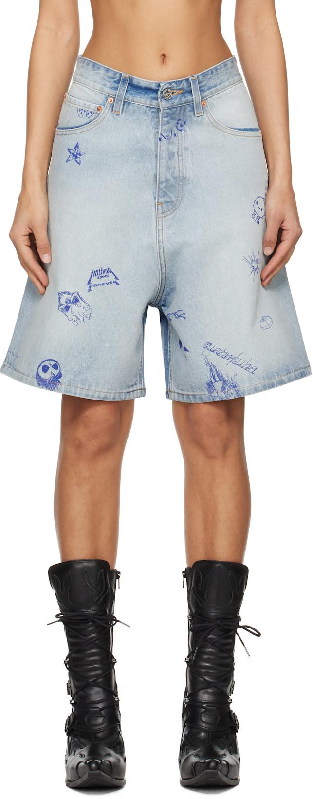 Blue Scribbled Denim Shorts by VETEMENTS