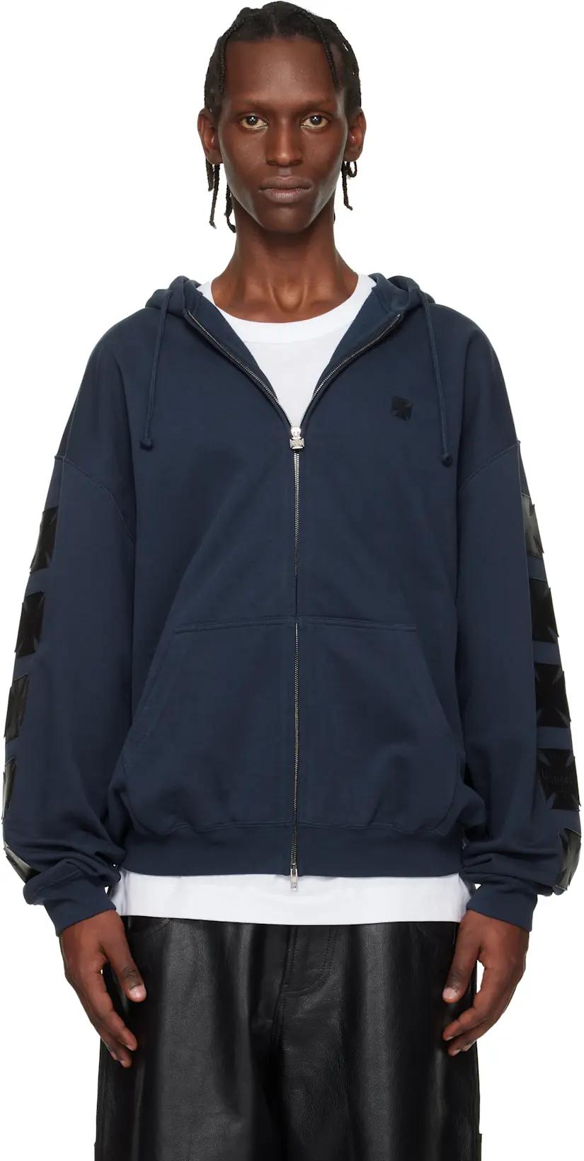 Navy Leather Biker Crosses Zip-Up Hoodie by VETEMENTS
