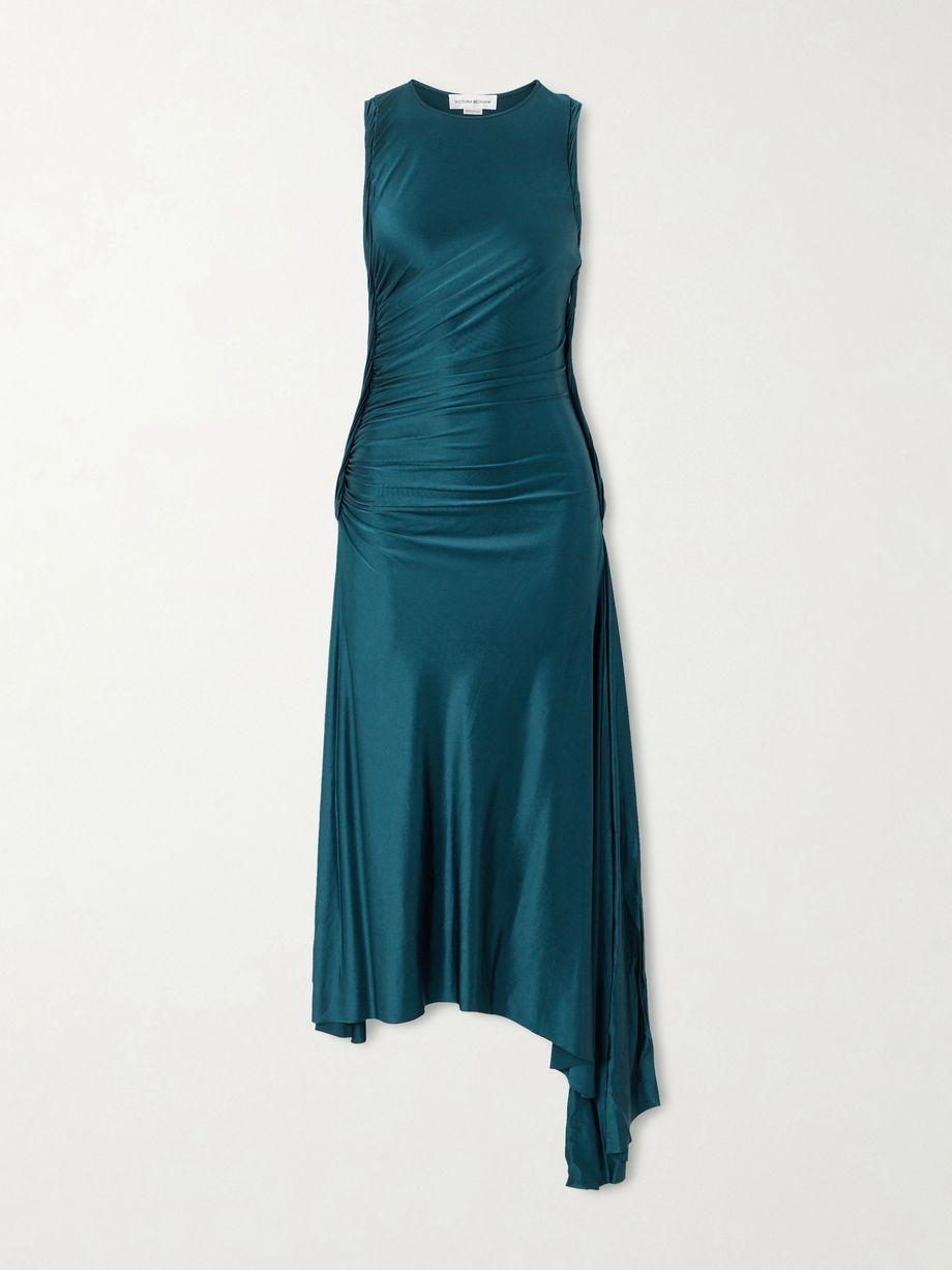 Asymmetric gathered satin-jersey midi dress by VICTORIA BECKHAM