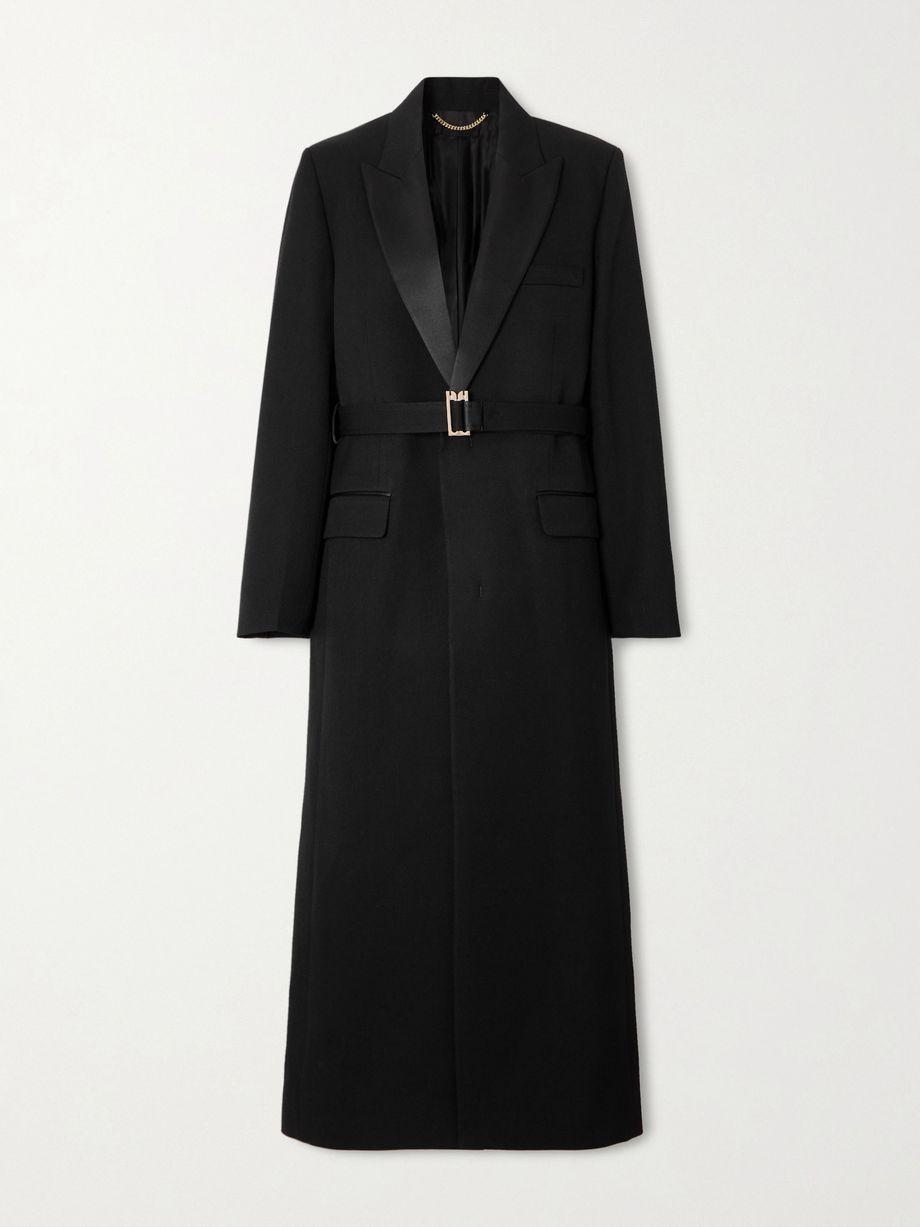 Belted satin-trimmed twill coat by VICTORIA BECKHAM