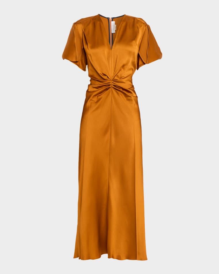 V-Neck Gathered Waist Satin Midi Dress by VICTORIA BECKHAM