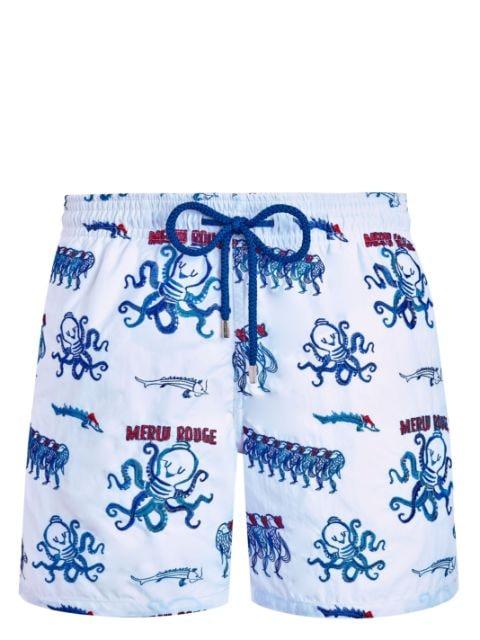 Mistral Au Merlu Rouge-print embroidered swim shorts by VILEBREQUIN