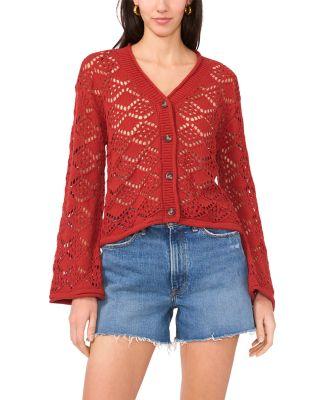 Pointelle V Neck Long Sleeve Cardigan by VINCE CAMUTO
