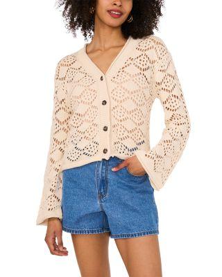 Pointelle V Neck Long Sleeve Cardigan by VINCE CAMUTO