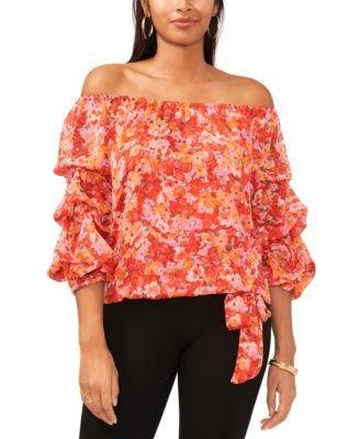 Women's Floral Off The Shoulder Bubble Sleeve Tie Front Blouse by VINCE CAMUTO