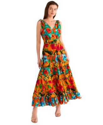 Women's Floral-Print Tiered Deep V-Neck Dress by VINCE CAMUTO Women's Floral-Print Tiered Deep V-Neck Dress by VINCE CAMUTO