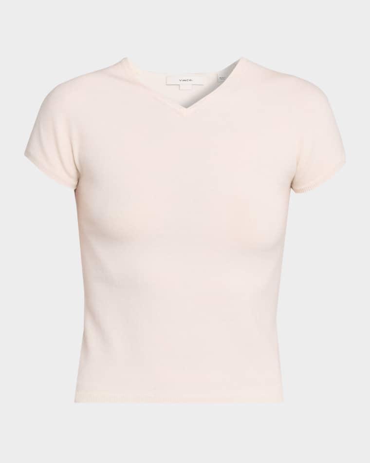 Cashmere-Blend High V-Neck Short-Sleeve Sweater by VINCE