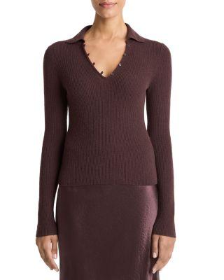 Cashmere Silk Ribbed Button Loop Polo Top by VINCE
