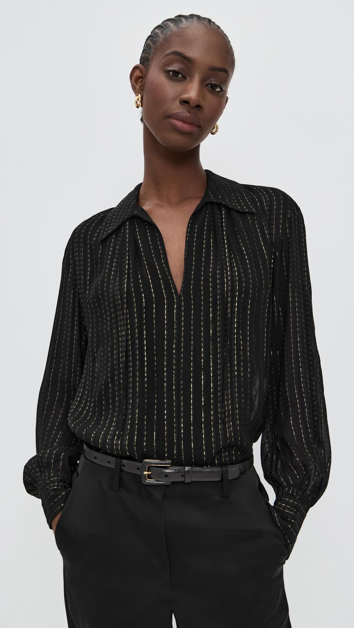 Gathered Metallic Stripe Blouse by VINCE