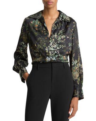 Grape Vine Placed Smocked Silk Blouse by VINCE