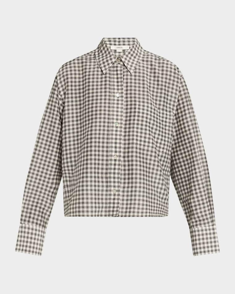Long-Sleeve Cropped Cotton-Silk Gingham Shirt by VINCE