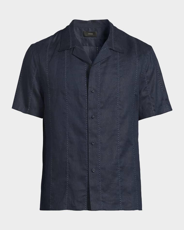 Men's Eyelet Stripe Linen Cabana Shirt by VINCE