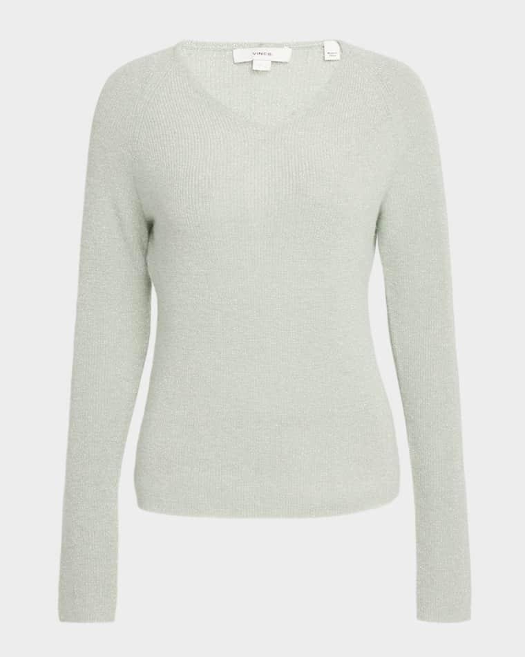 Metallic Ribbed V-Neck Sweater by VINCE