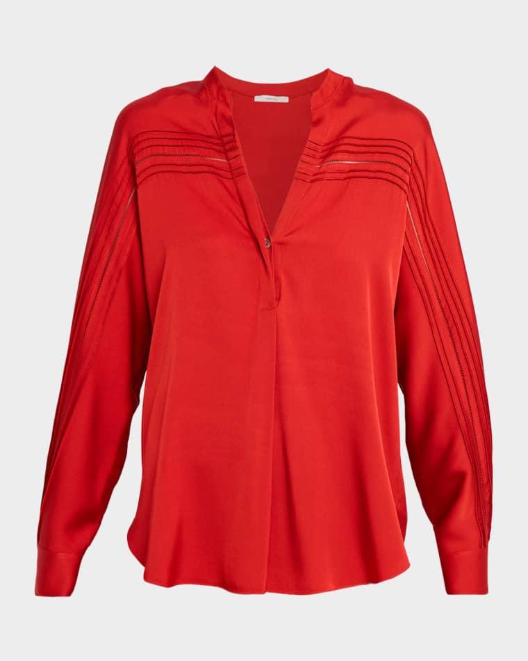 Pintuck Long-Sleeve Satin Blouse by VINCE