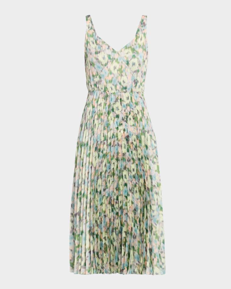 Pleated Painted Garden V-Neck Midi Dress by VINCE
