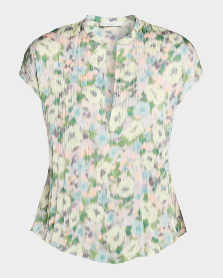 Pleated Painted Garden V-Neck Top by VINCE