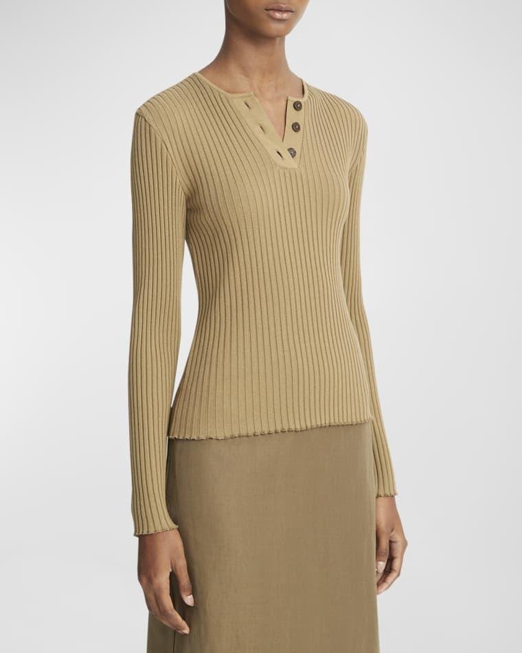 Rib-Knit Long-Sleeve Henley Top by VINCE